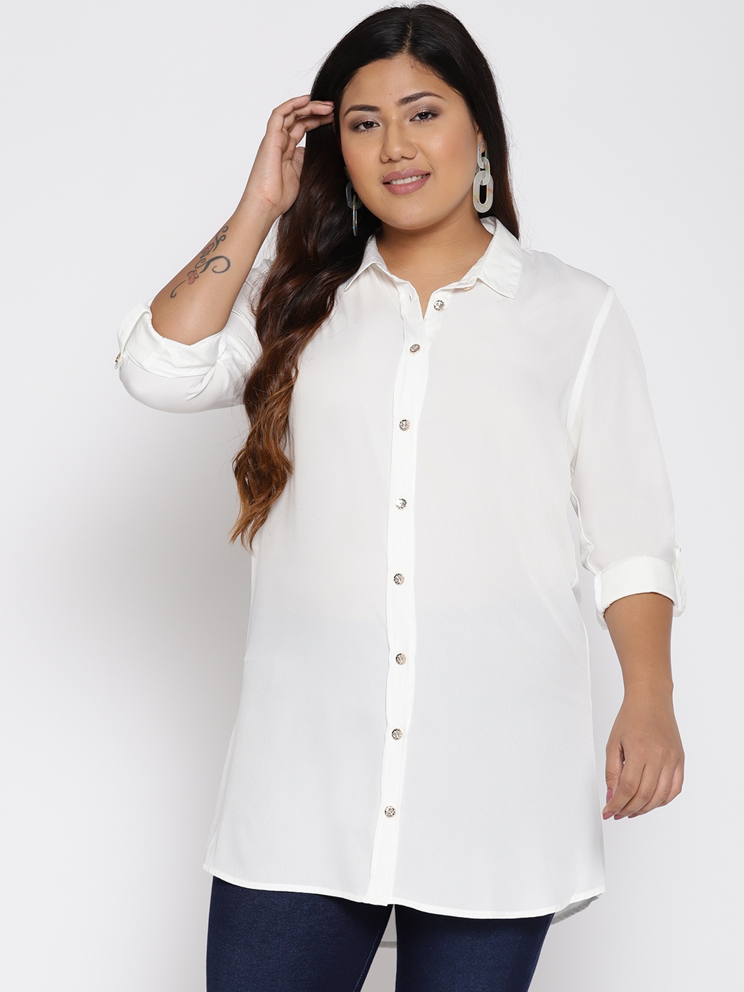 

The Pink Moon Plus Size Women Off-White Regular Fit Solid Casual Shirt