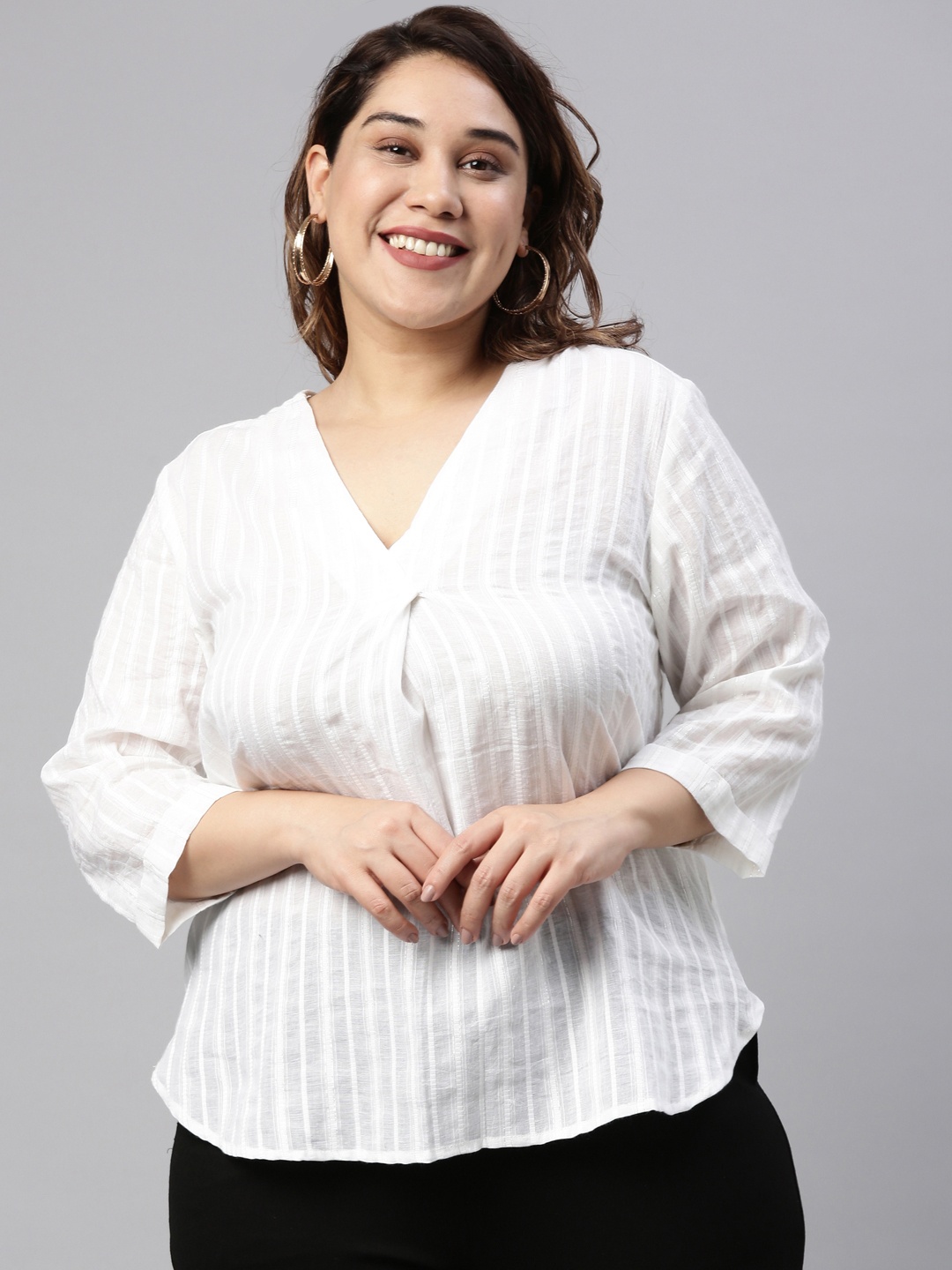 

The Pink Moon Plus Size Women White & Silver Striped Pure Cotton Top