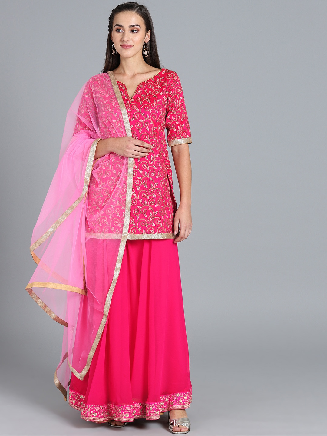 

Ethnovog Women Pink Made to Measure Embroidered Kurta with Palazzos Dupatta