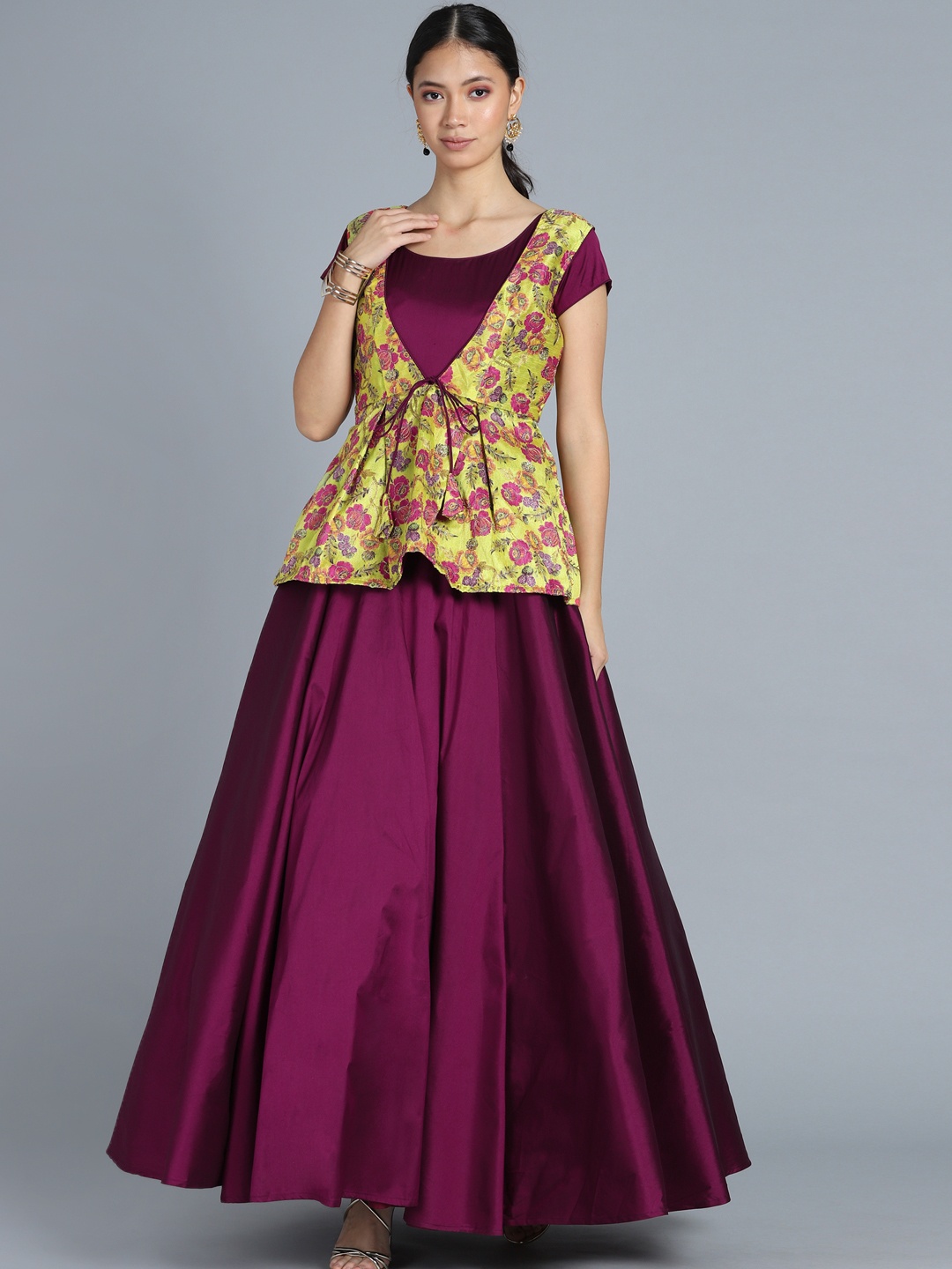 

Ethnovog Women Burgundy Made to Measure Customised Gown with Peplum Jacket