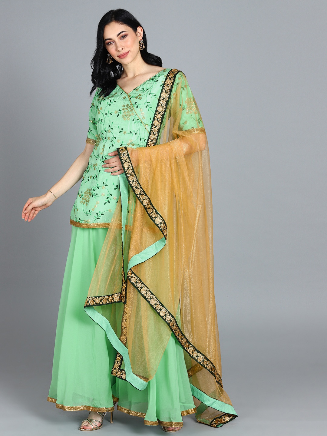 

Ethnovog Women Sea Green Embroidered Kurti with Palazzos Dupatta