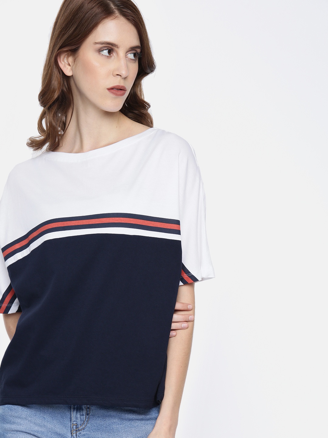 

The Roadster Lifestyle Co Women White Navy Blue Colourblocked Round Neck Pure Cotton T-shirt