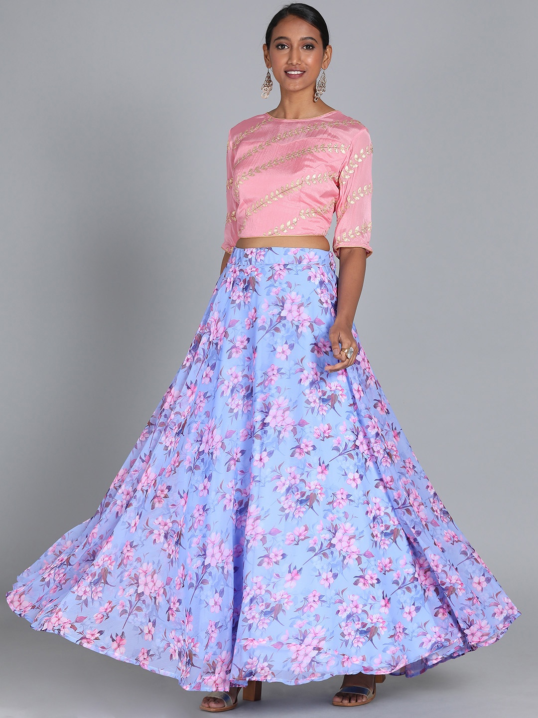 

Ethnovog Pink Blue Made to Measure Printed Lehenga with Embroidered Blouse
