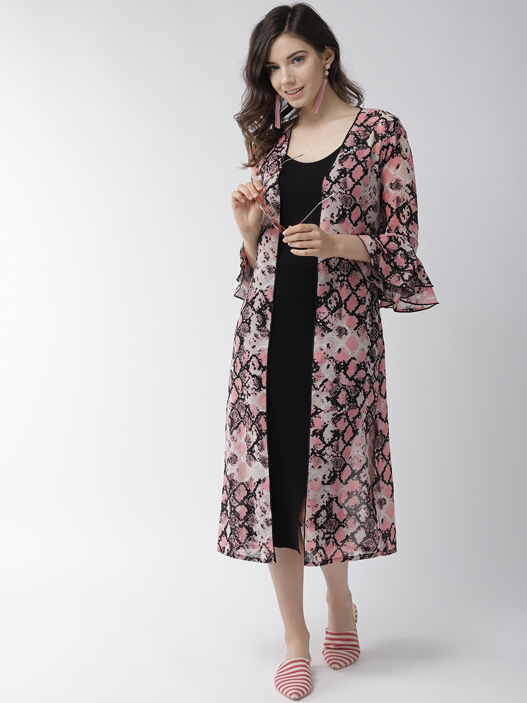 

WISSTLER Women Pink & Black Animal Printed Open Front Longline Shrug