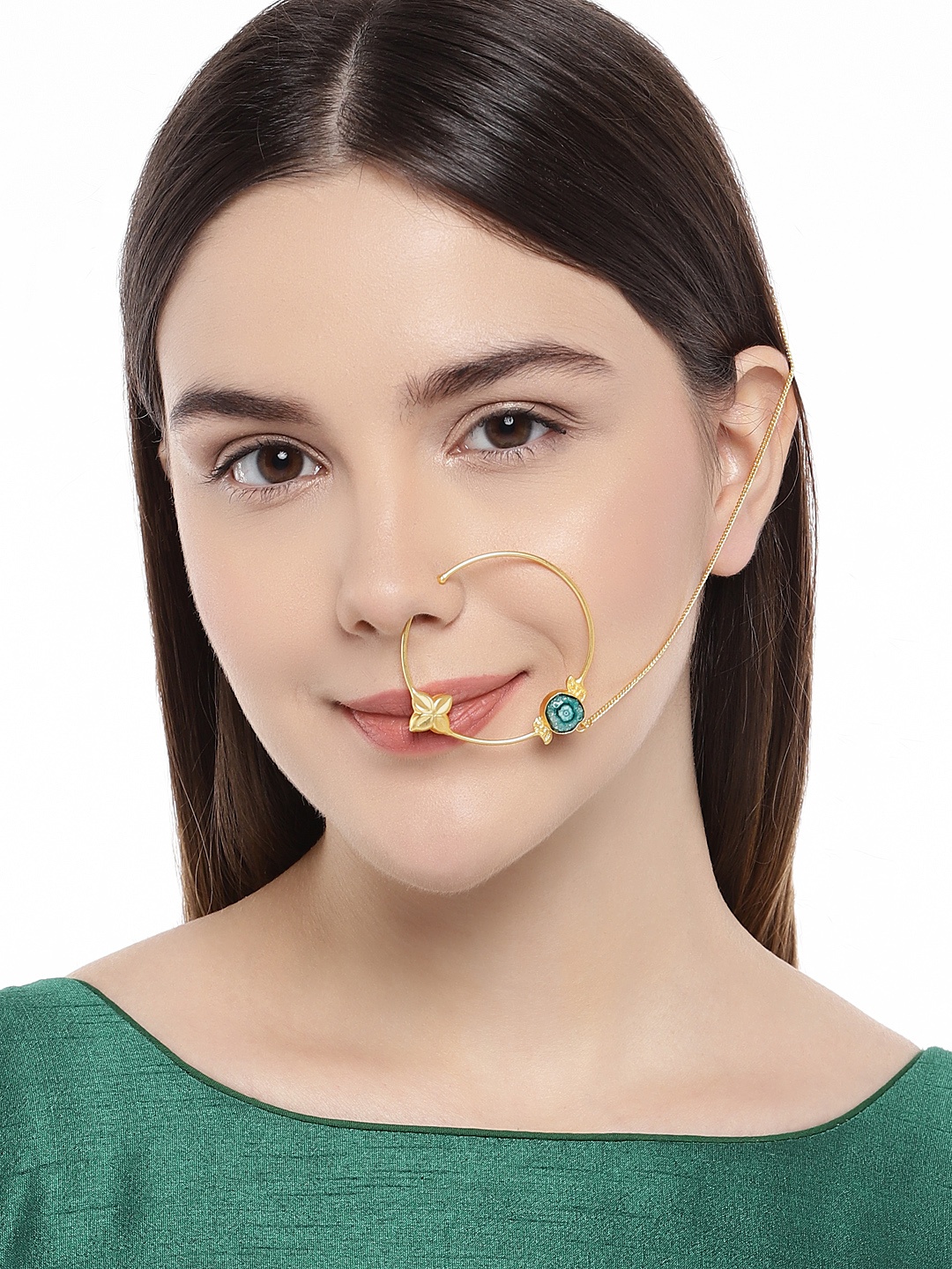 

AccessHer Gold-Toned & Blue Stone Nose Ring With Chain