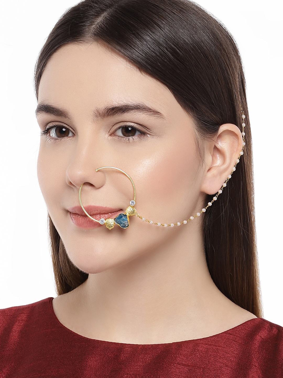 

AccessHer Gold-Toned & Blue Stone Nose Ring With Chain
