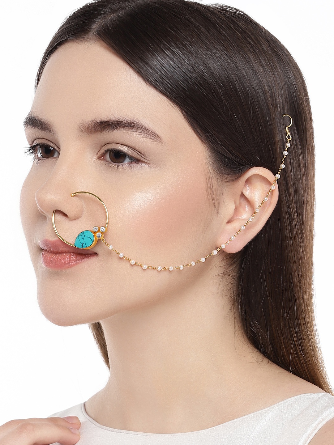 

AccessHer Gold-Toned & Blue Nose Ring With Chain