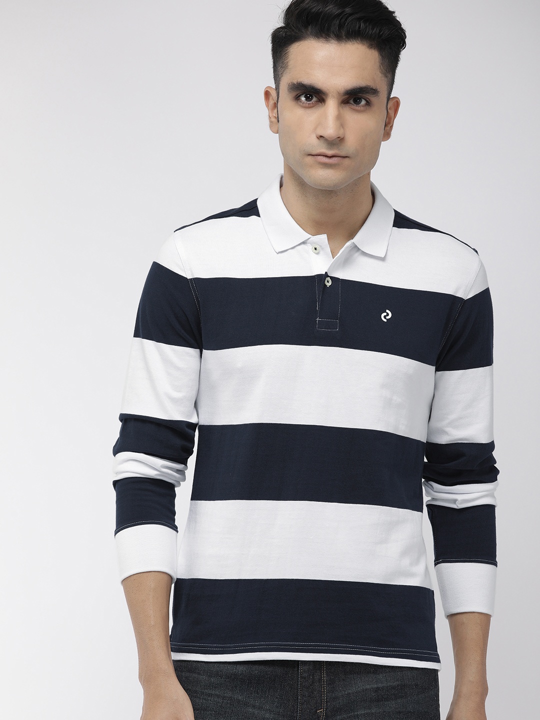 

Denizen From Levis Men White NavyBlue Striped Polo Collar Pure Cotton T-shirt