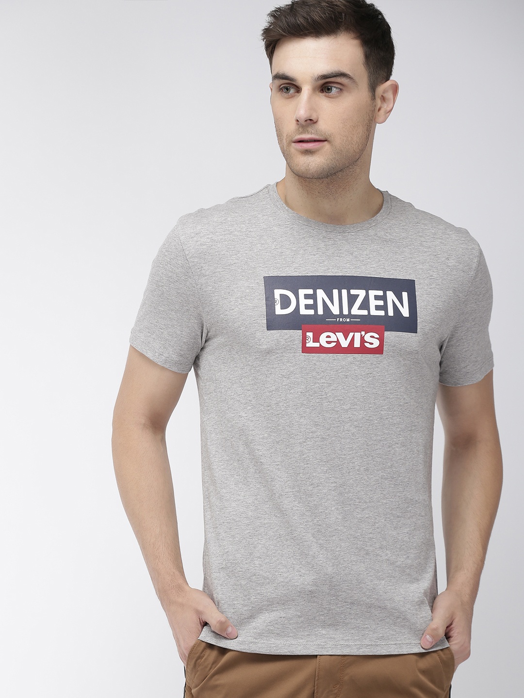 

Denizen From Levis Men Grey Melange Printed Round Neck Pure Cotton T-shirt