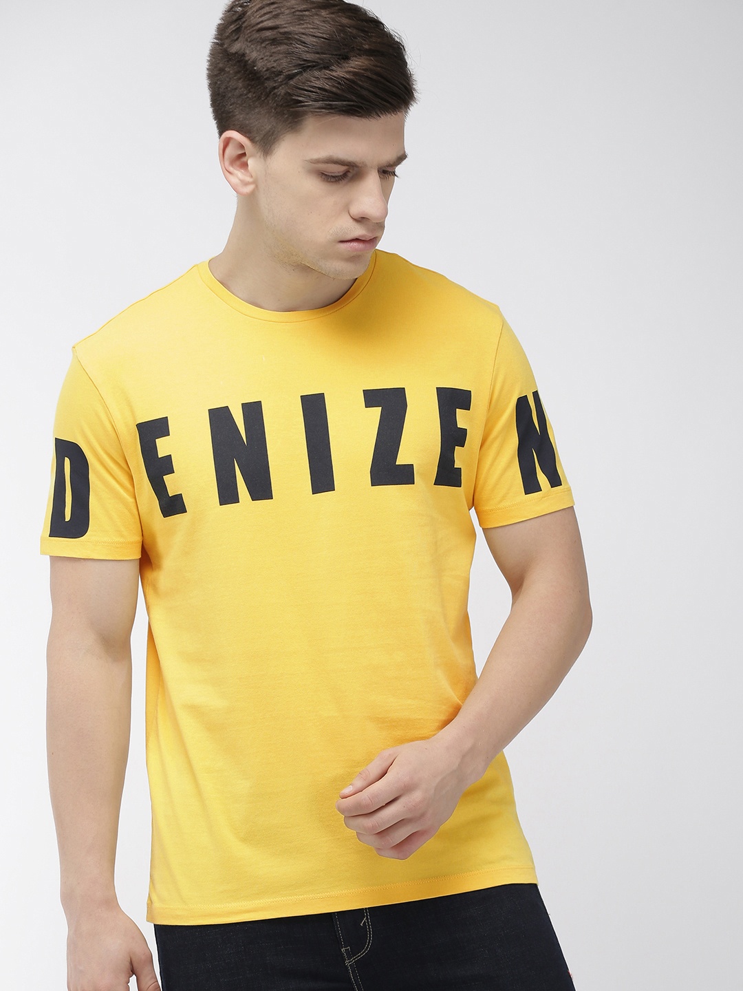 

Denizen From Levis Men Yellow Black Printed Round Neck Pure Cotton T-shirt