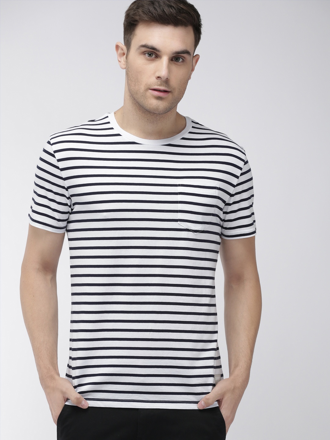 

Denizen From Levis Men White Navy Blue Striped Round Neck Pure Cotton T-shirt