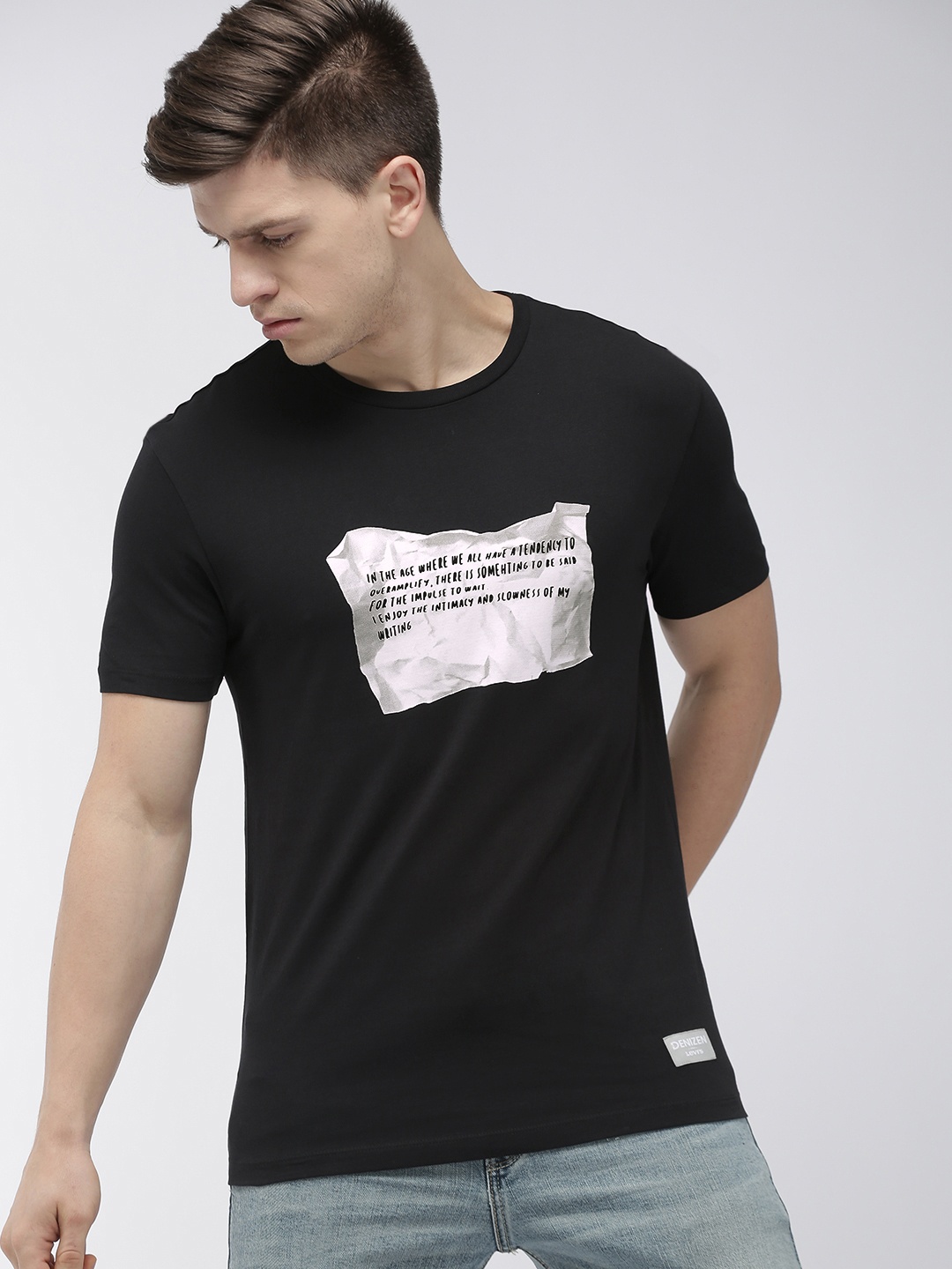 

Denizen From Levis Men Black White Printed Round Neck Pure Cotton T-shirt