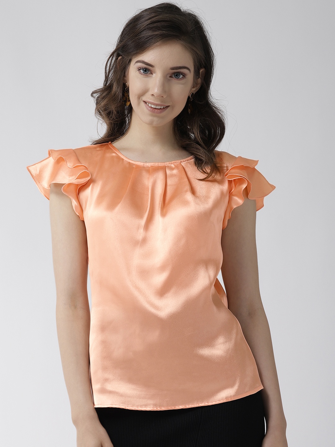 

MISH Women Peach-Coloured Ruffle Detail Solid Top with Satin Finish