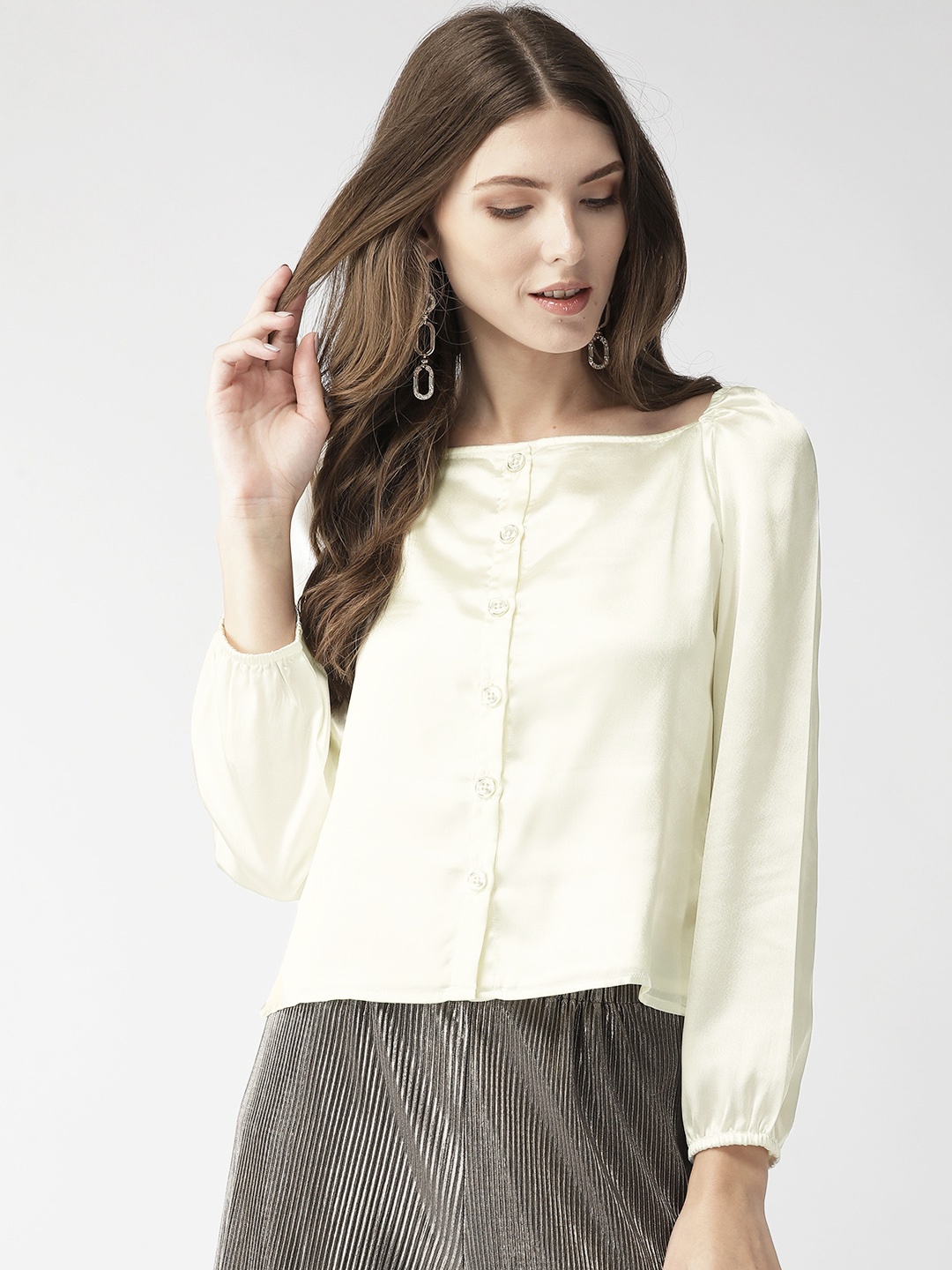 

MISH Women Off-White Solid Satin Finish Top