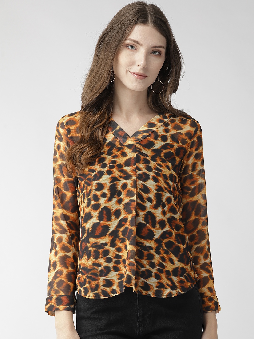 

MISH Women Beige & Black Animal Print Semi Sheer Top