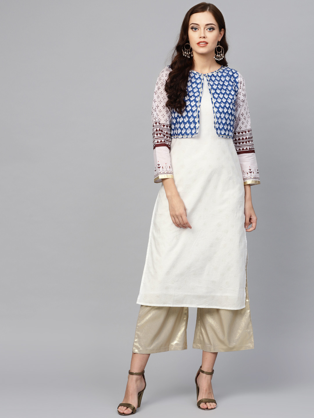 

Ahalyaa Women Off-White & Blue Printed Layered Straight Kurta