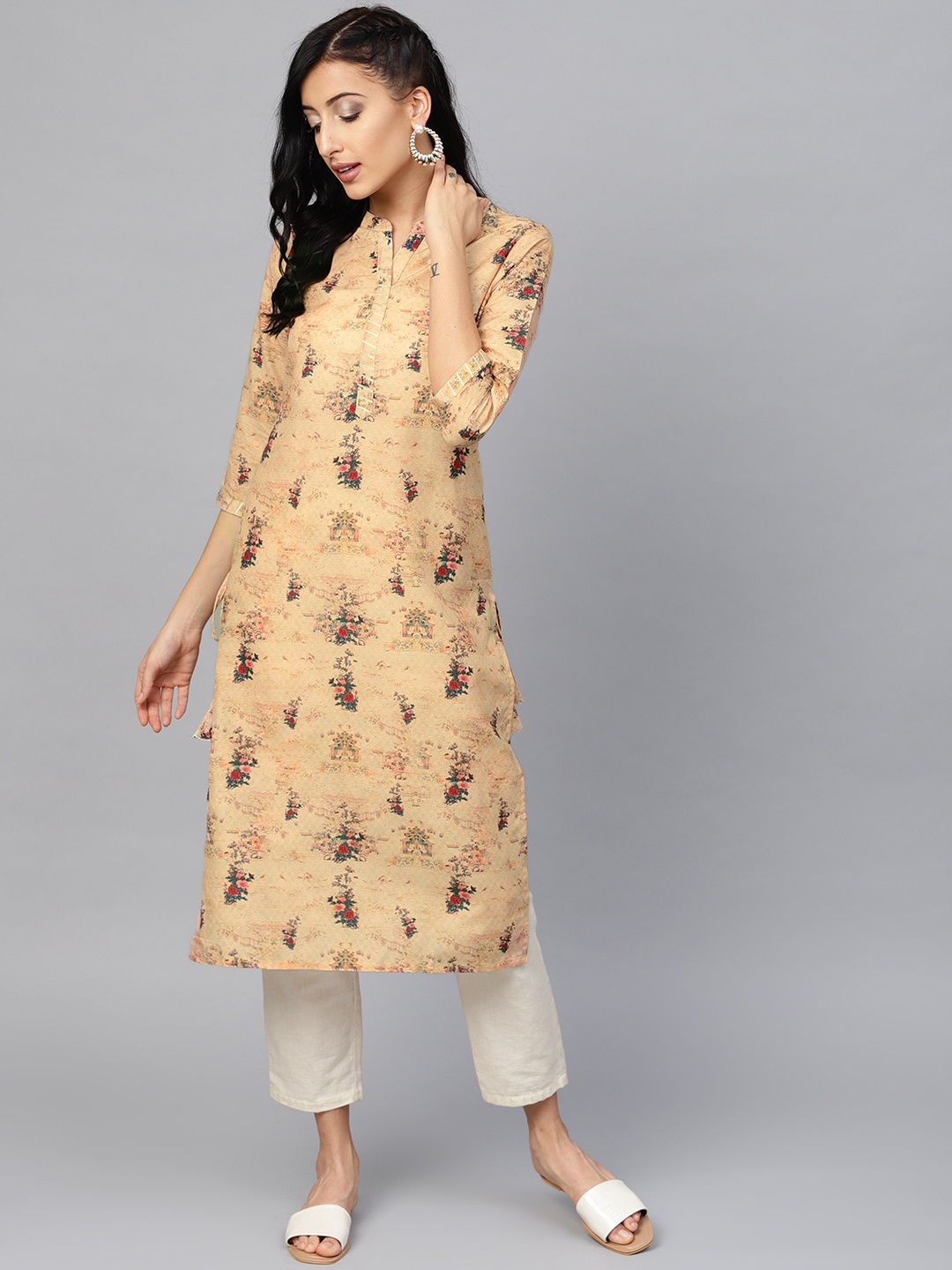 

Ahalyaa Women Beige & Green Printed Straight Kurta