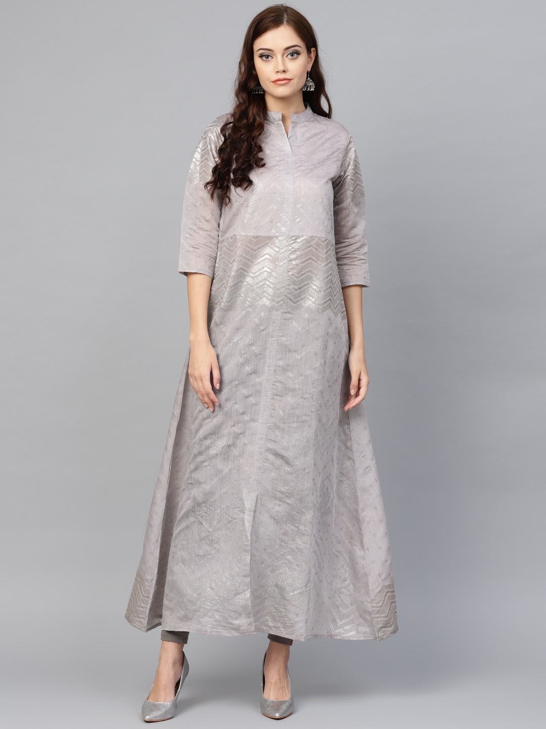 

Ahalyaa Women Grey & Silver Printed A-Line Kurta