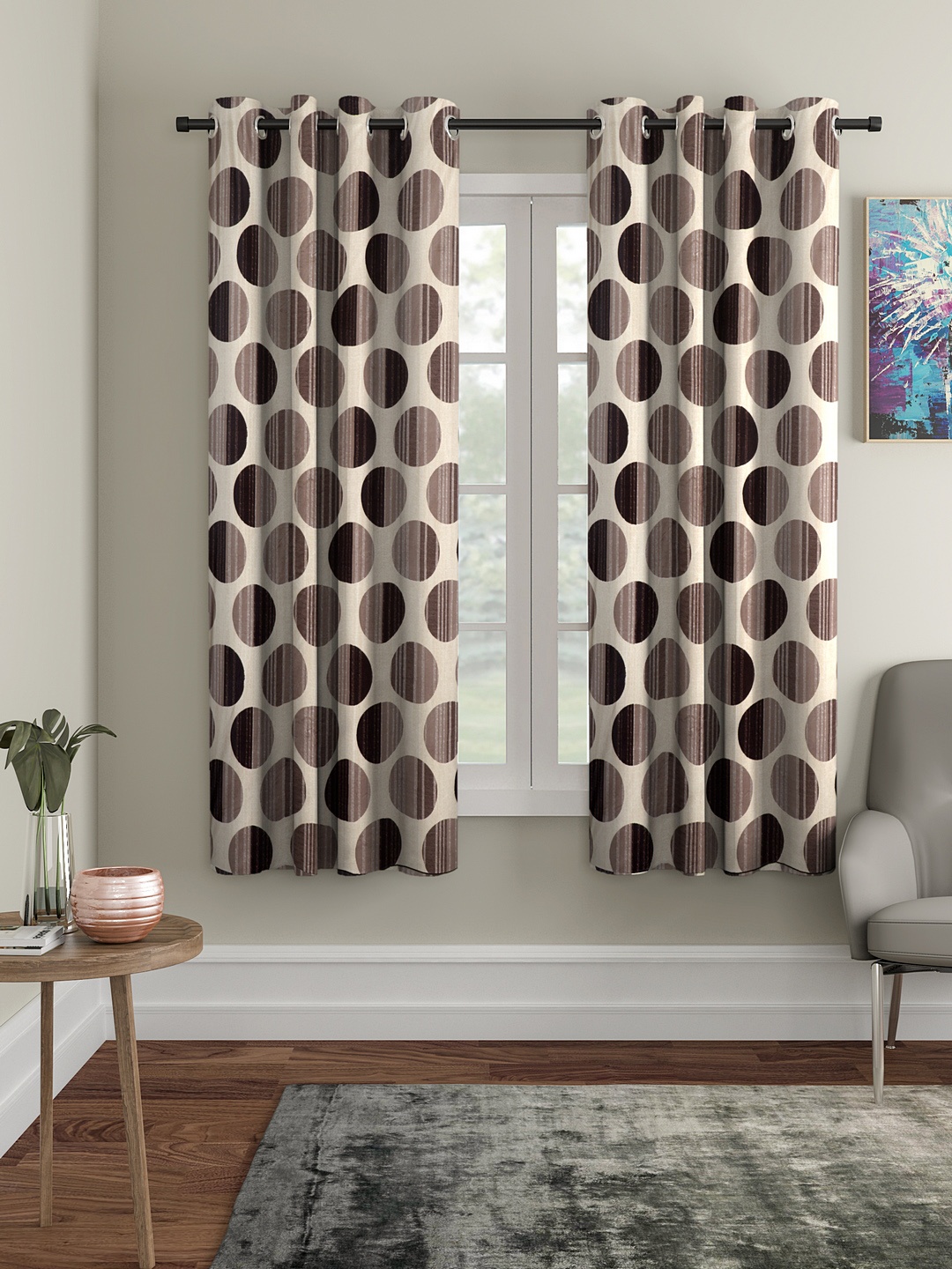 Cortina Set of 2 Polka Printed Window Curtains, Brown