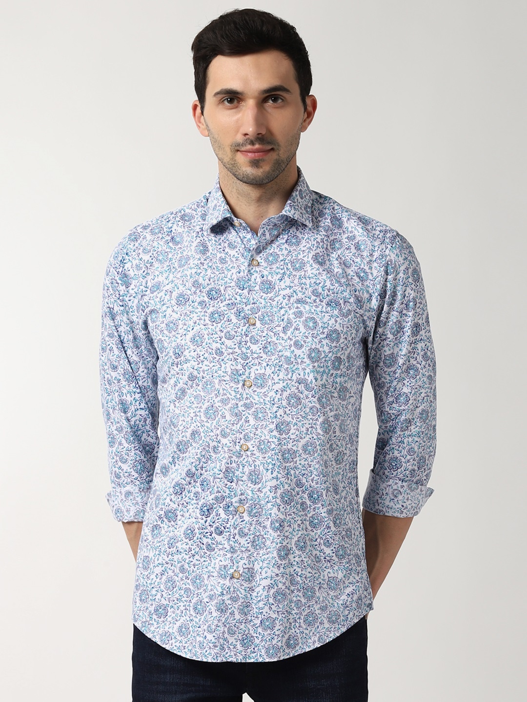 

Peter England Elite Men Blue & Off-White Slim Fit Printed Casual Shirt