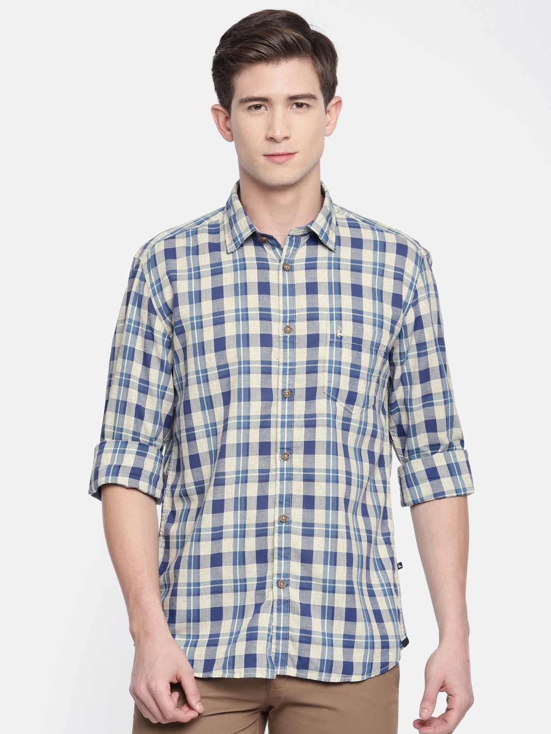 

Parx Men Blue & Beige Slim Fit Checked Casual Shirt