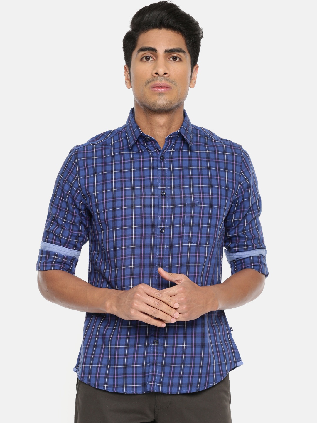 

Parx Men Blue & Purple Slim Fit Checked Casual Shirt