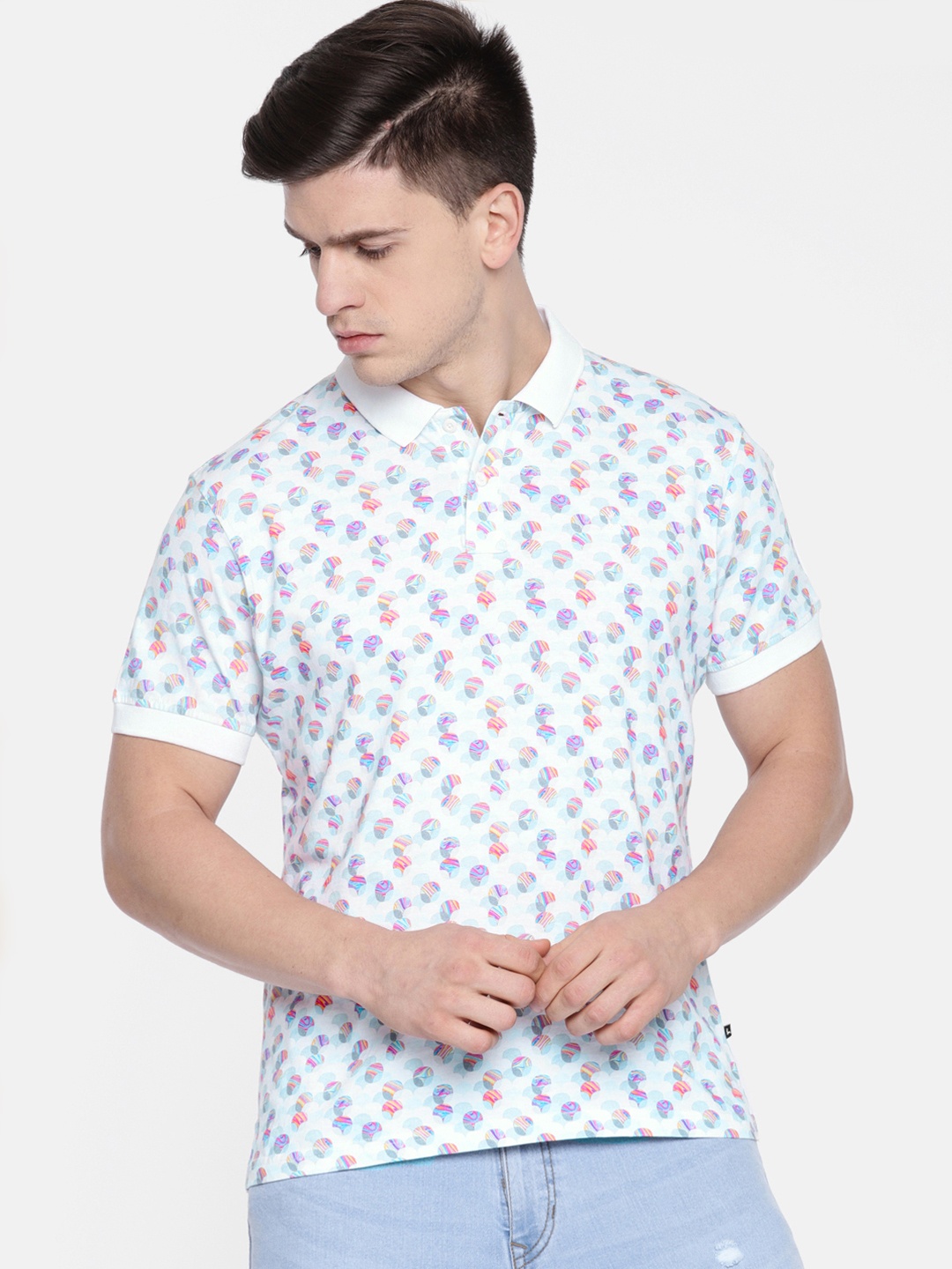 

Parx Men White Blue Printed Polo Collar Pure Cotton T-shirt