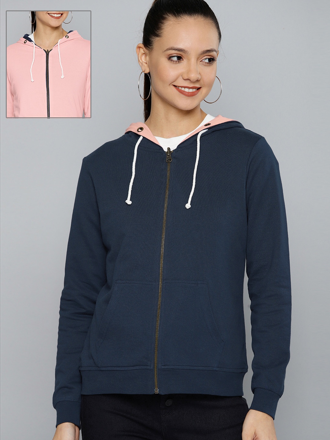 

HERE&NOW Women Navy Blue & Pink Solid Reversible Hooded Sweatshirt