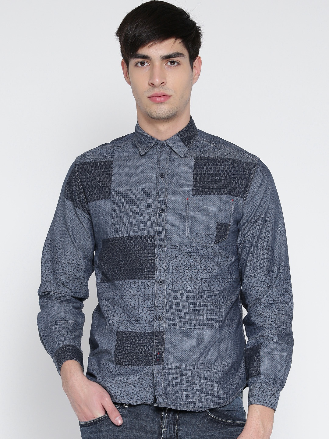 

Locomotive Navy Printed Slim Fit Casual Shirt, Navy blue