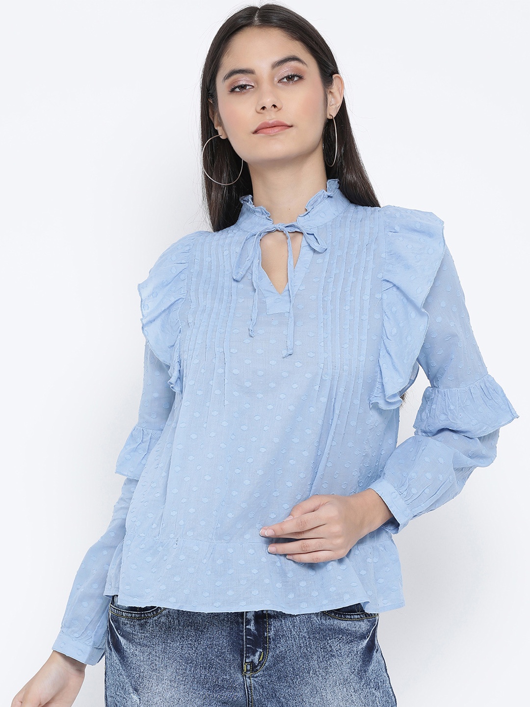 

Oxolloxo Women Blue Self Design A-Line Pure Cotton Top