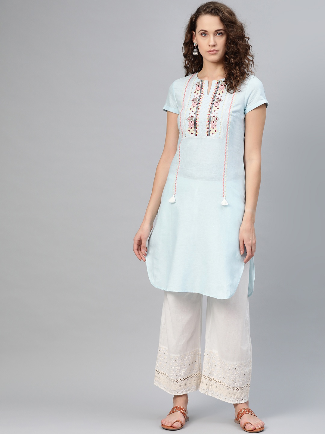 

W Women Blue Yoke Design Semi-Sheer Straight Kurta