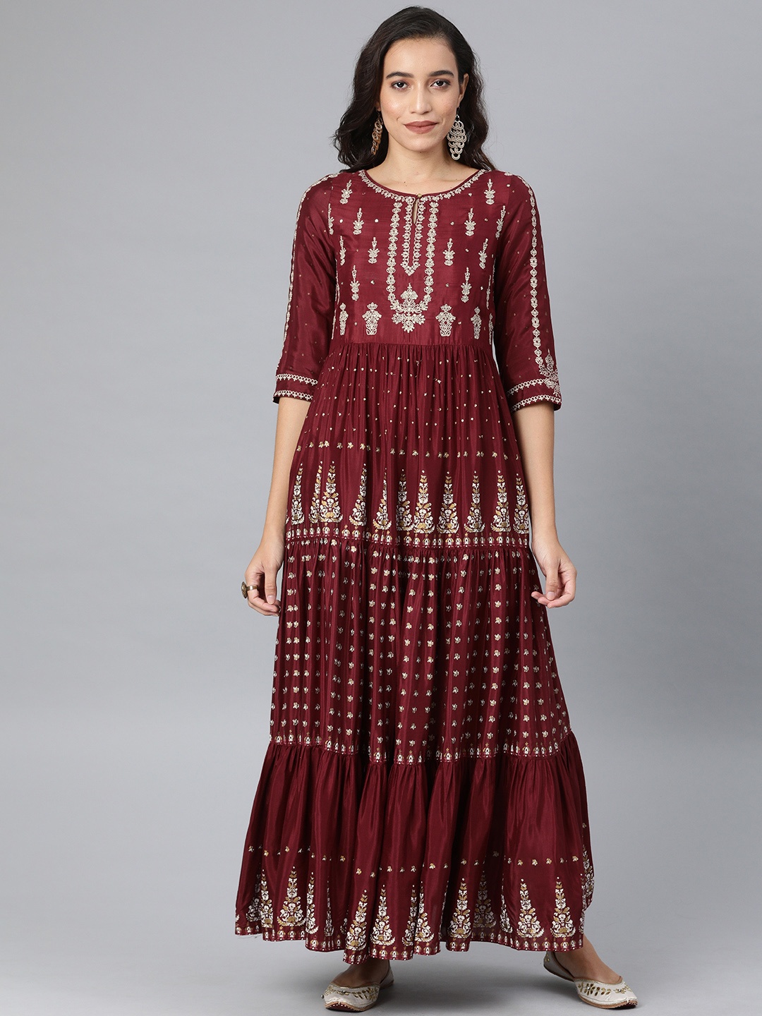 

W Women Maroon Embroidered Sequinned Tiered A-Line Kurta