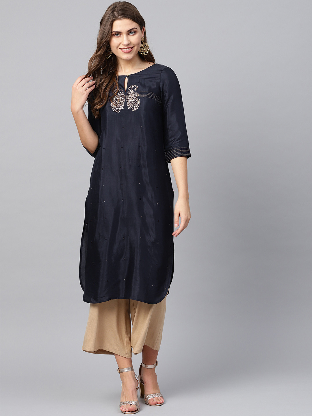 

W Women Navy Blue Yoke Design Straight Kurta