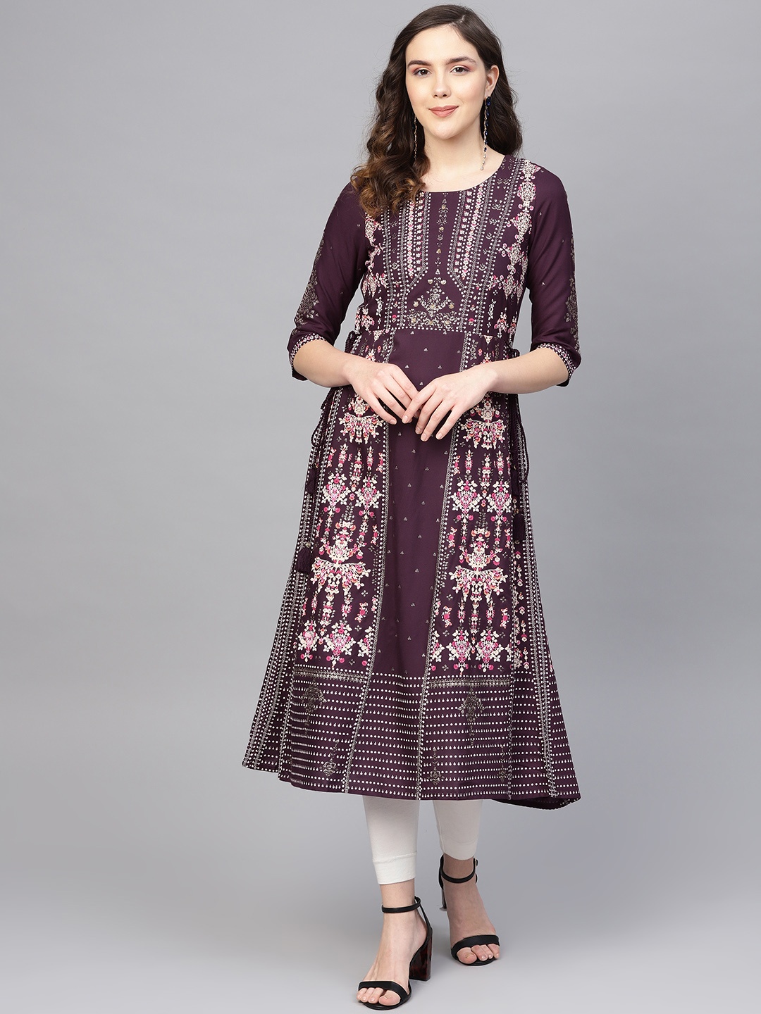 

W Women Purple & Peach-Coloured Printed A-Line Kurta
