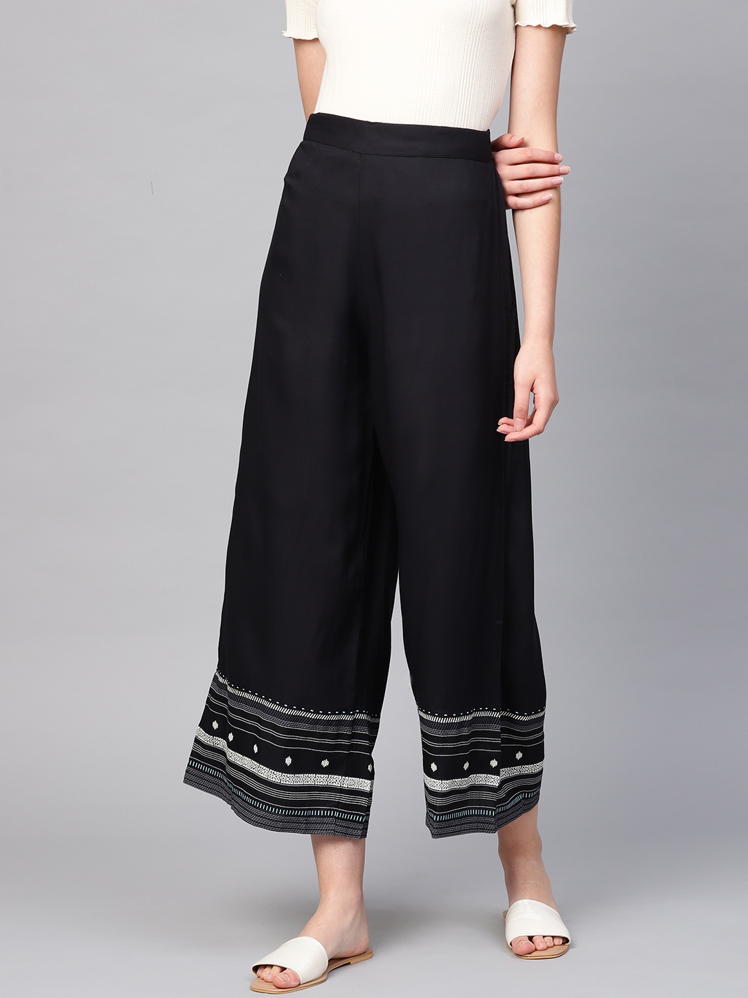 

W Women Navy Hem Design Wide Leg Palazzos, Navy blue