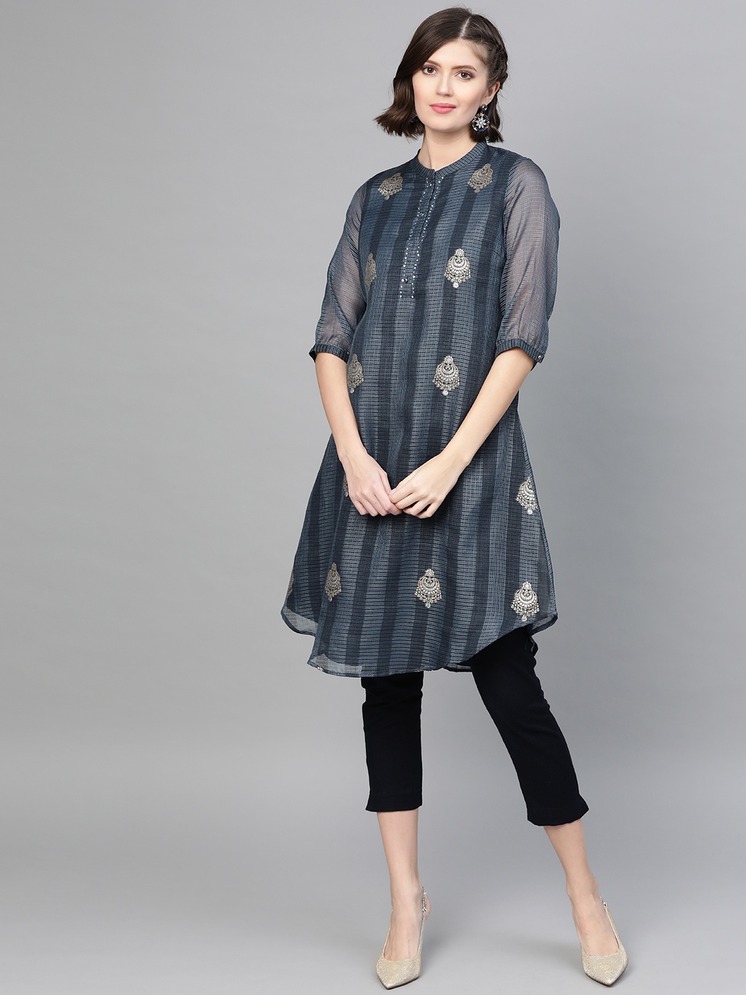 

W Women Navy Blue Woven Design A-Line Kurta