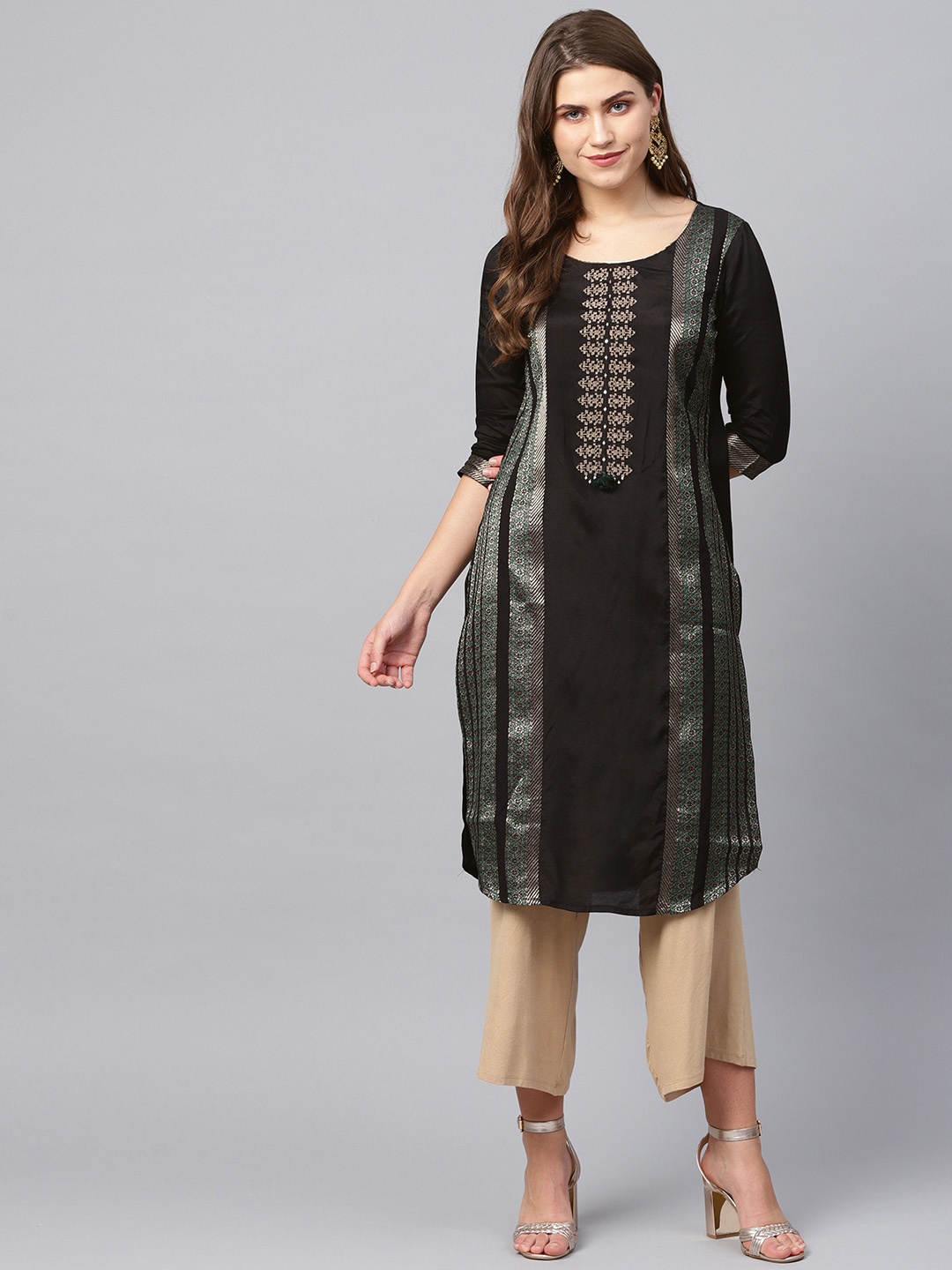 

W Women Black & Golden Woven Design Straight Kurta