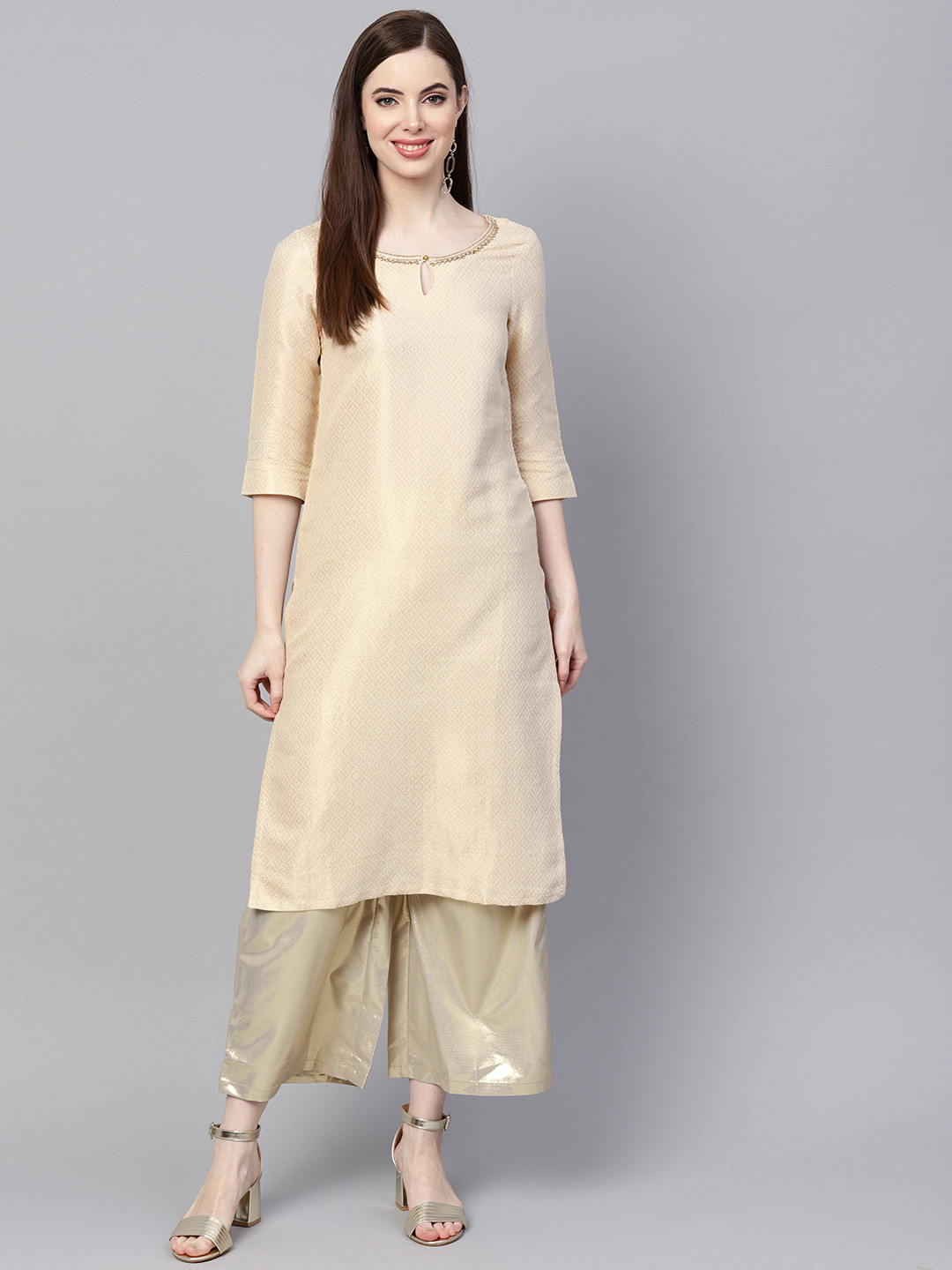 

W Women Off-White & Golden Woven Design Straight Kurta