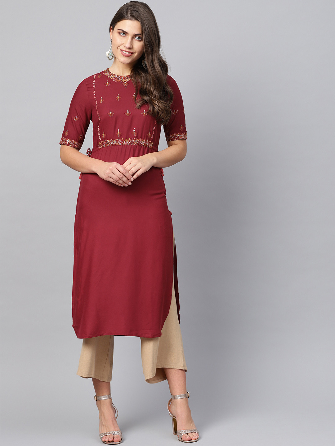 

W Women Maroon Yoke Design Straight Kurta