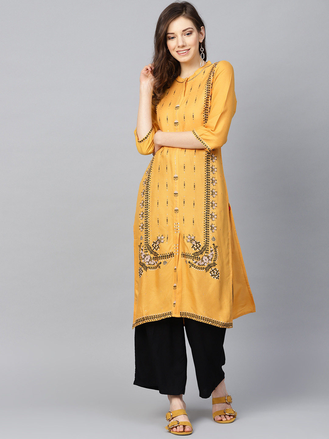 

W Women Mustard Yellow & Olive Green Printed Straight Kurta