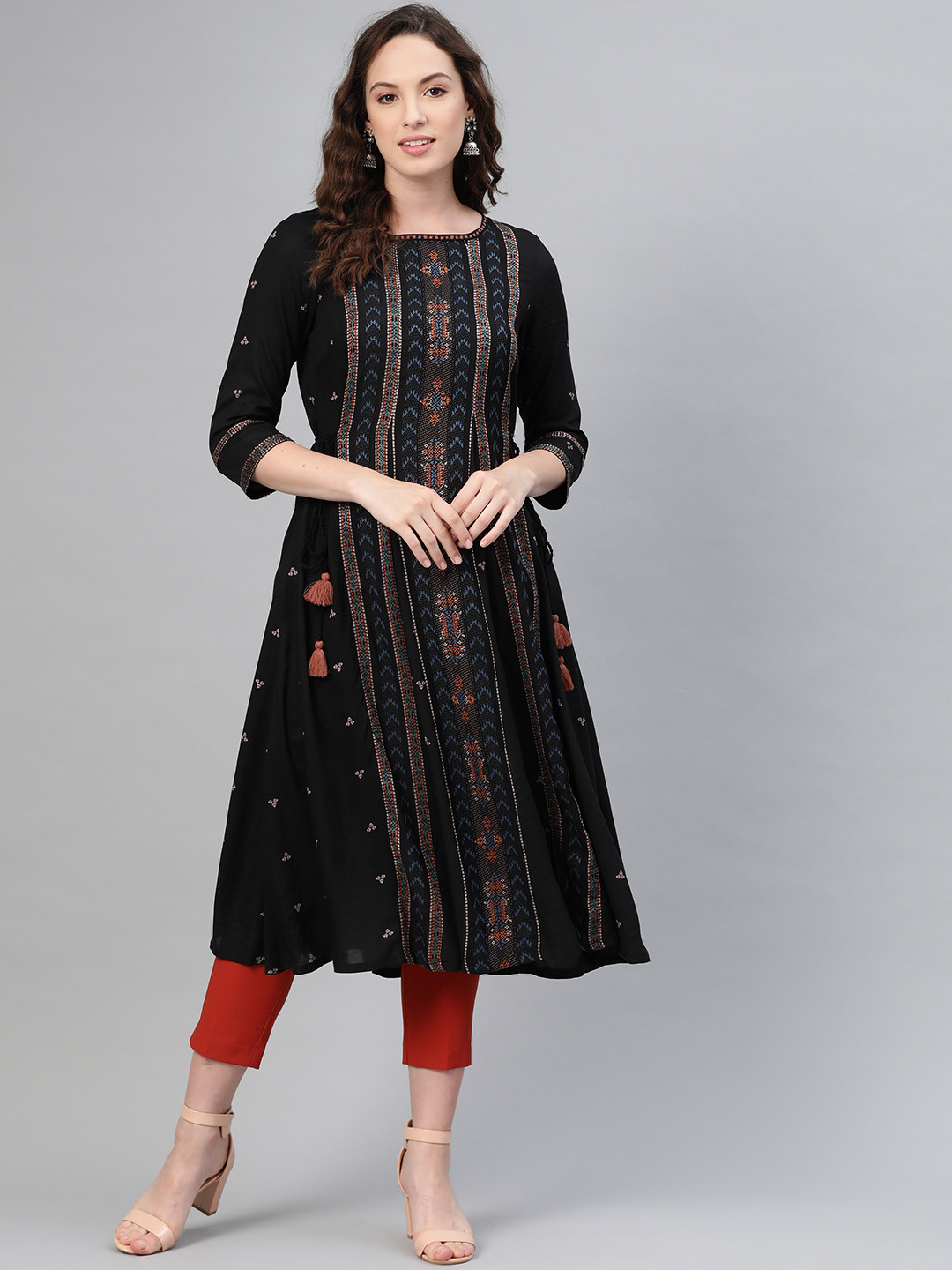 

W Women Black & Blue Woven Design A-Line Kurta