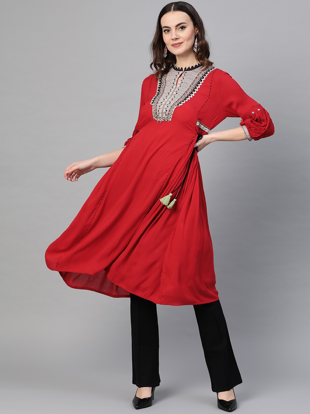 

W Women Red Yoke Design Empire A-Line Kurta