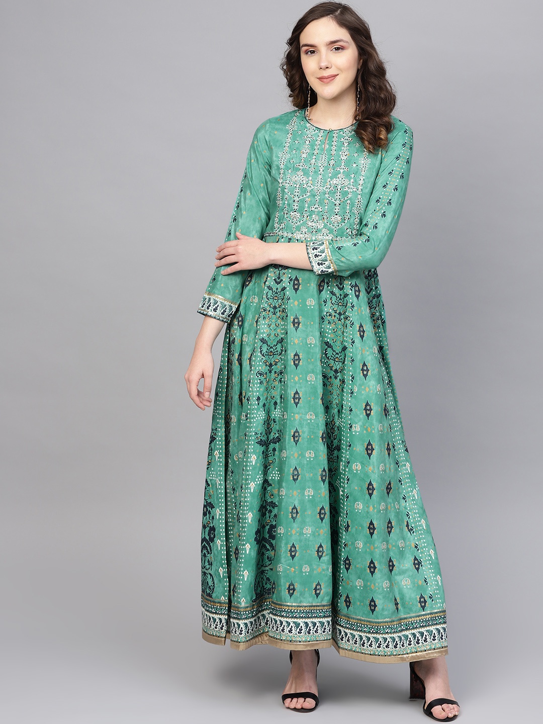 

W Women Green & Navy Blue Printed Anarkali Kurta