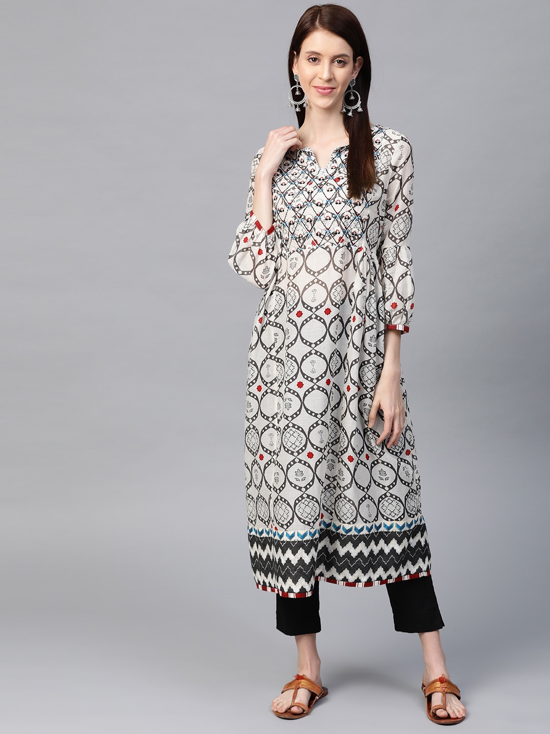 

W Women Off-White & Charcoal Grey Printed A-Line Kurta