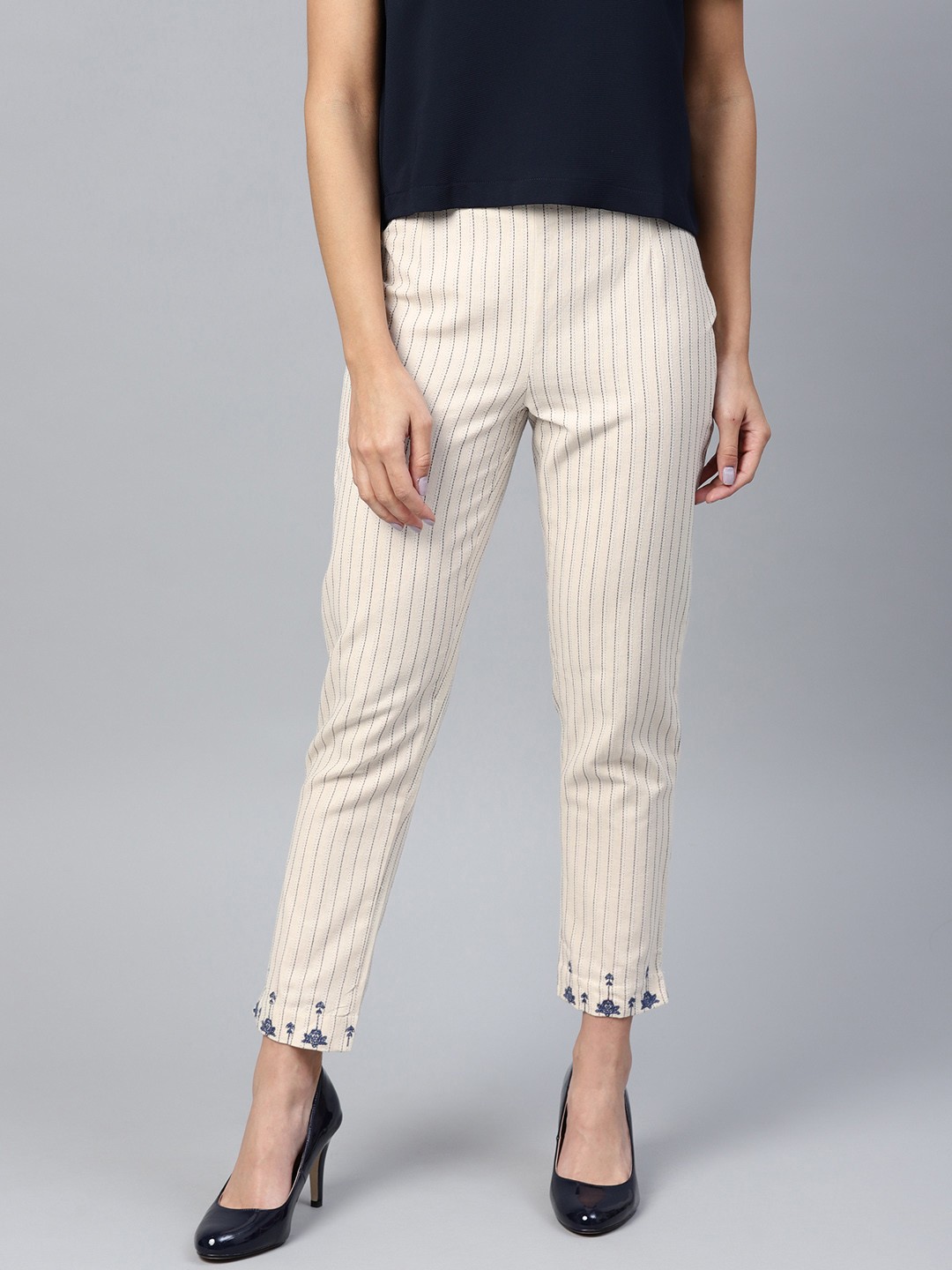 

W Women Beige & Navy Blue Slim Fit Self-Striped Cropped Trousers