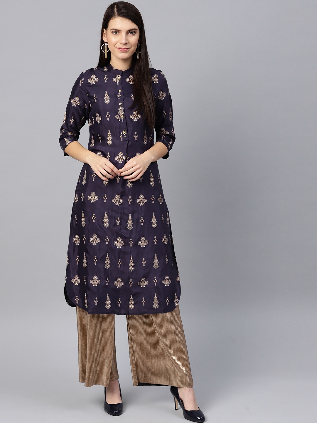 

W Women Aubergine & Beige Printed Straight Kurta, Purple