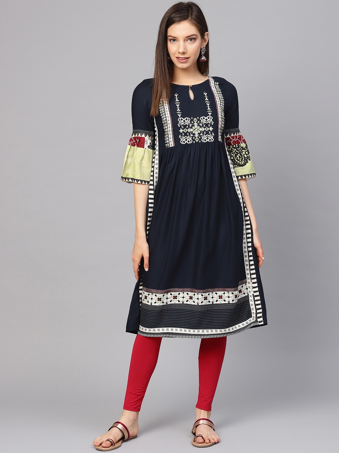 

W Women Navy Blue & Off-White Yoke Design A-Line Kurta