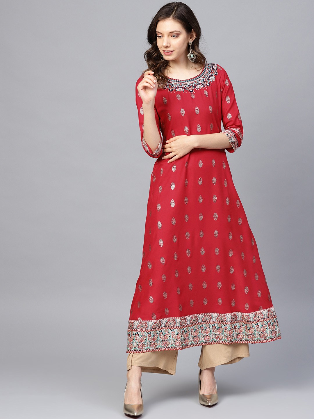 

W Women Red & Golden Printed A-Line Kurta