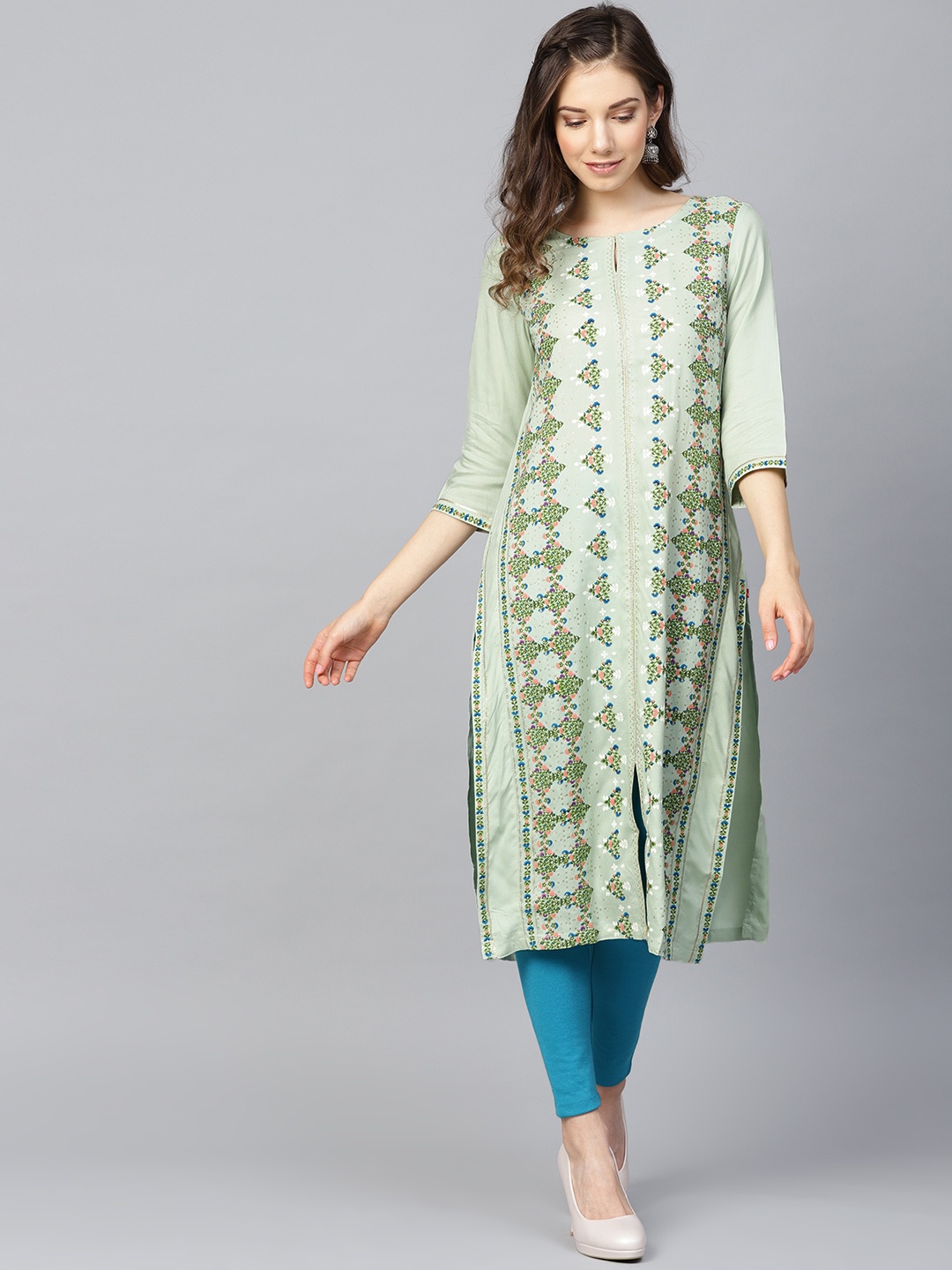 

W Women Green & Blue Floral Printed Straight Kurta