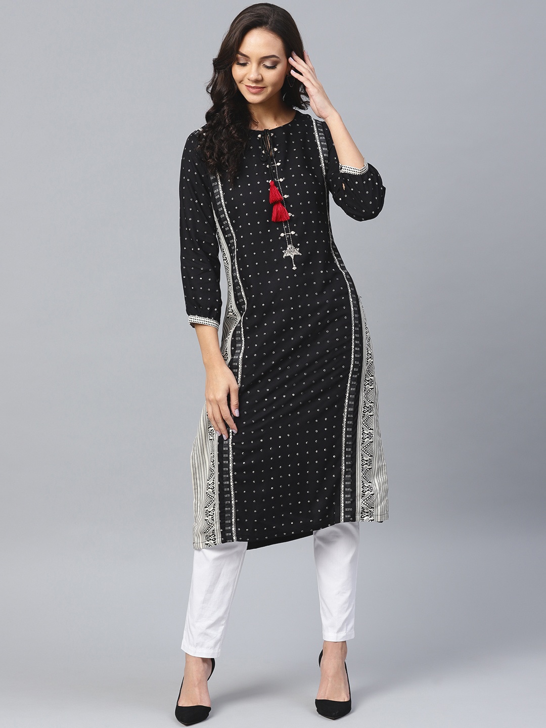 

W Women Black & White Printed Straight Kurta